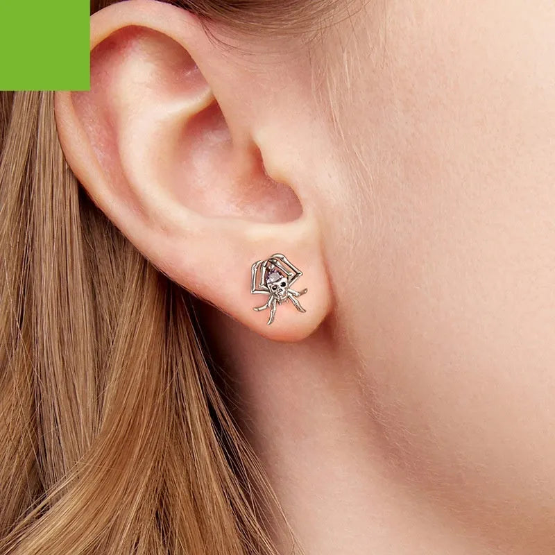 Pair of Halloween skull spider stud earrings in 925 sterling silver with zircon inlay, colour SCE1964