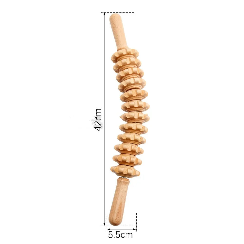 Beech wood massage roller set with multiple wheel configurations including T-shaped and various wheel counts