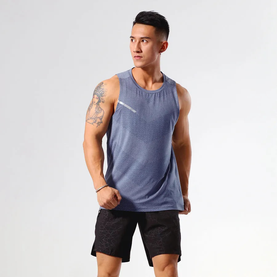 Men's solid colour quick-drying polyester sports tank top for summer, shown in dark blue.