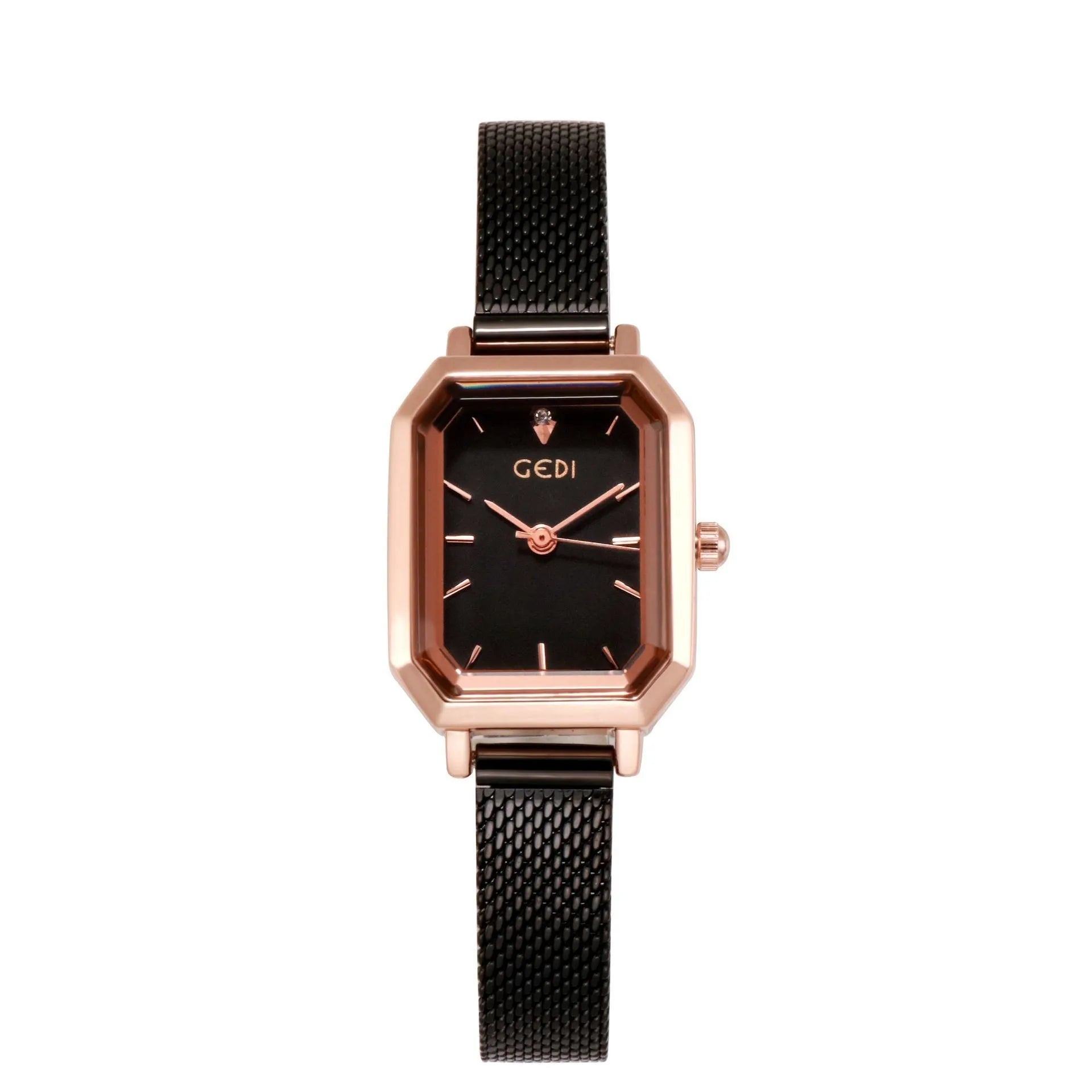 Women's square retro casual watch with rose shell case showing colour options including green, white, blue and black dials