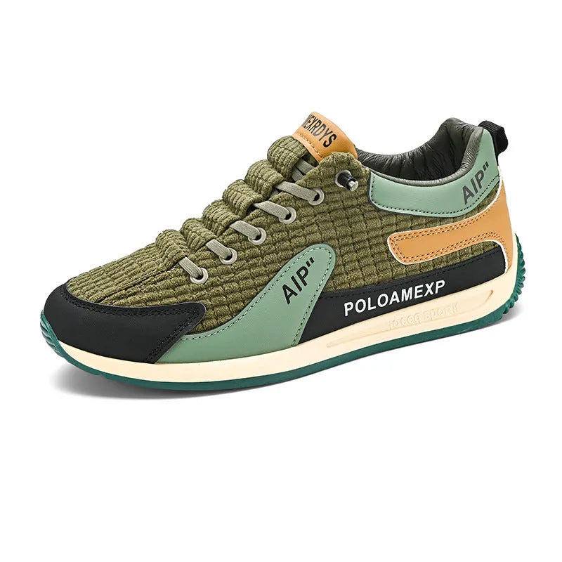 Men's grey and green low-top mesh running shoes with lace-up front.