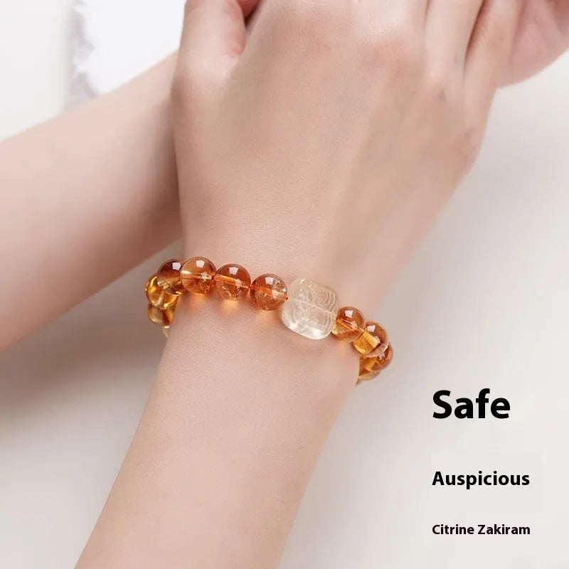 Women's ethnic carved citrine bracelet with 10mm geometric crystal beads