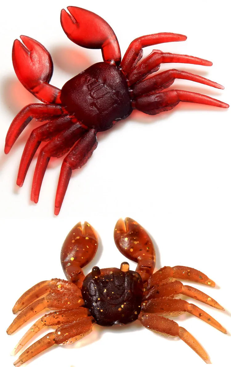 Red and brown 8cm long PVC soft plastic crab fishing lure on a white background.