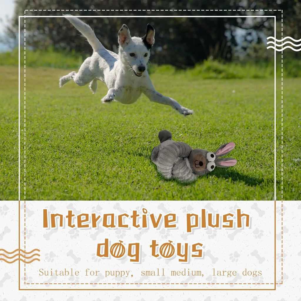 Brown plush dog toy with foldable design, showing squeaker and crinkle features.