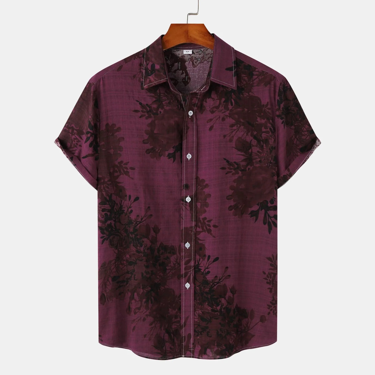 Men's floral lapel shirt in cotton, shown in grey, khaki, yellow and burgundy, sizes M to 3XL
