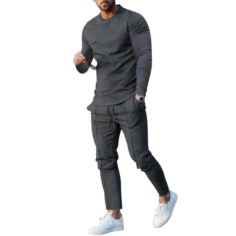 Men's light grey polyester two-piece casual suit with round neck t-shirt and matching trousers