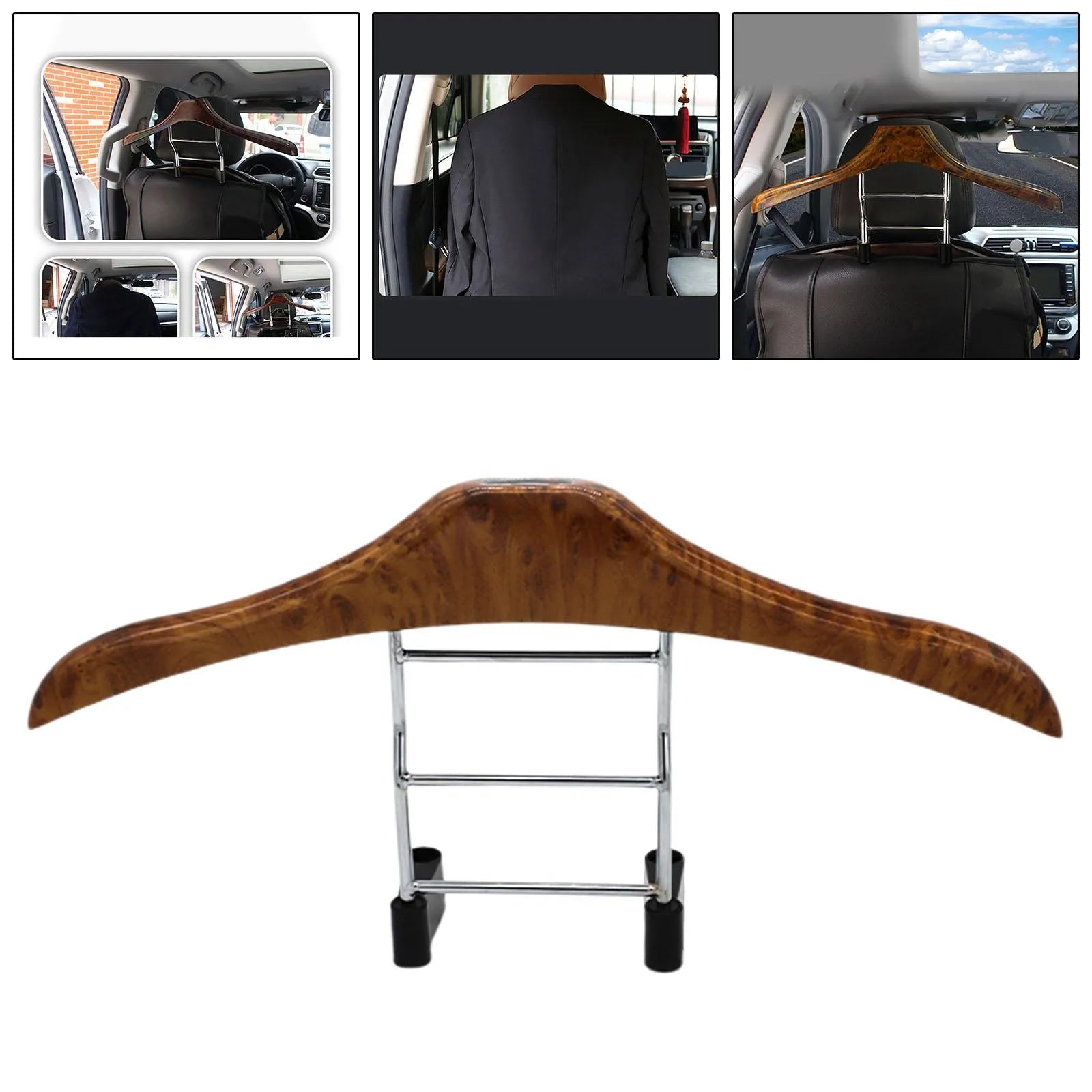 Stainless steel car mounted clothes hanger with wood yellow finish and detachable design