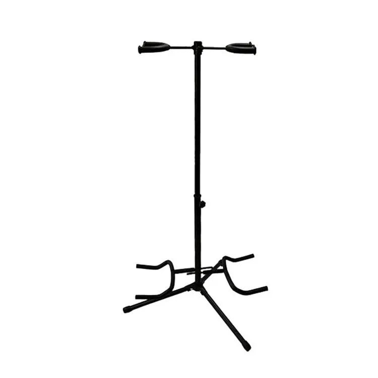 Black iron vertical double-headed folding guitar stand holding two guitars.