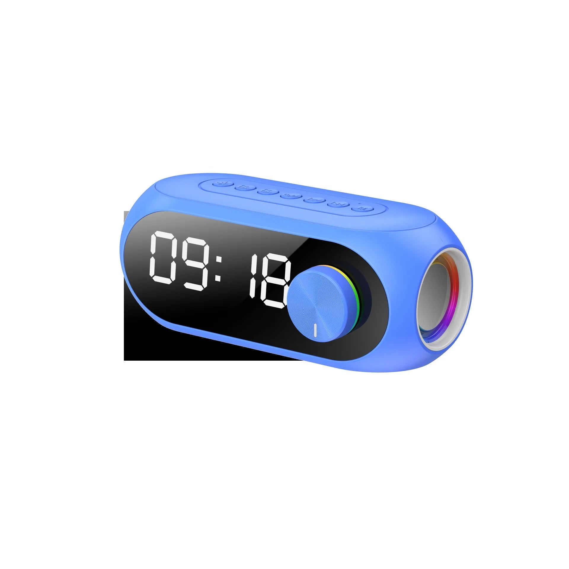 Extra Bass Portable Mini Clock Speaker S8 in Black, White, and Blue with USB cable