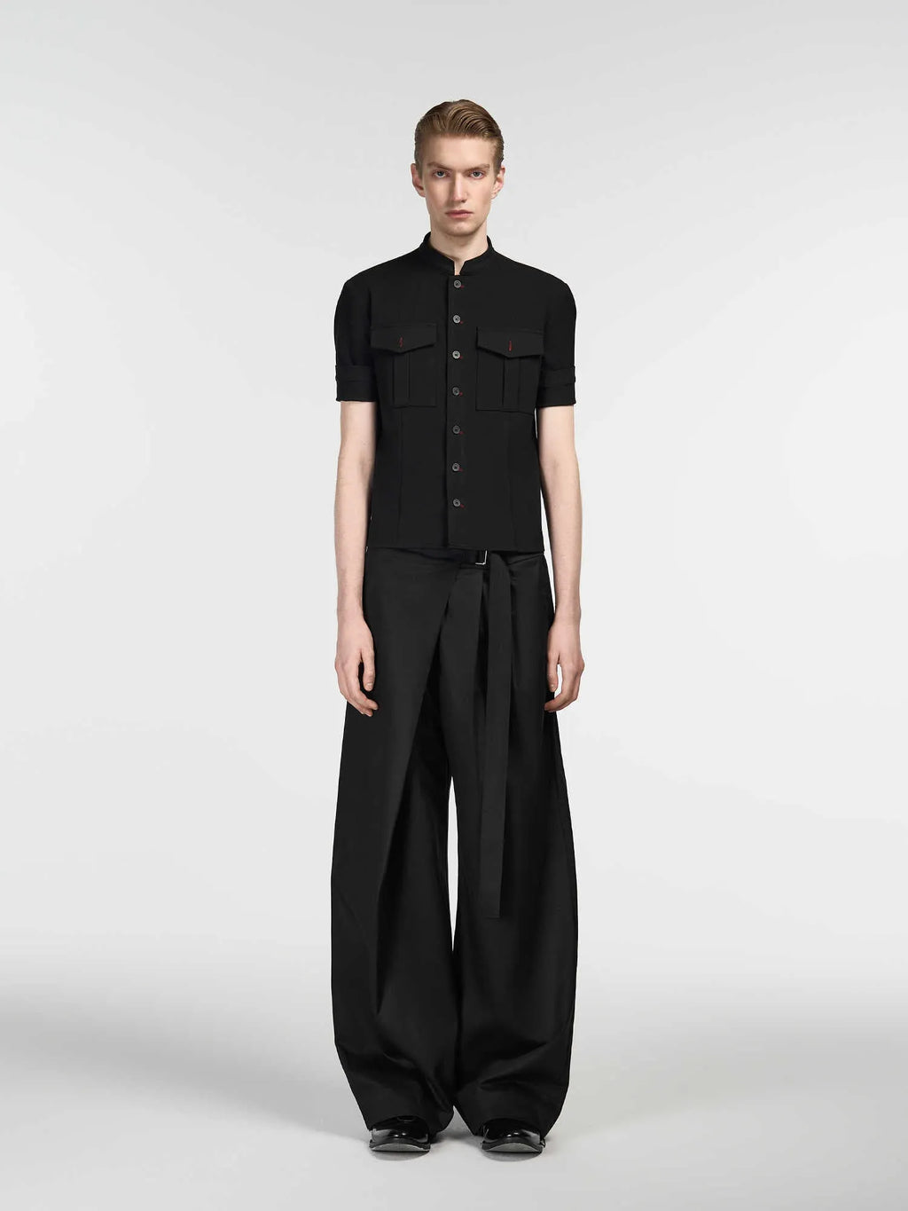 Black women's straight-leg trousers with adjustable waist and single pleat detail