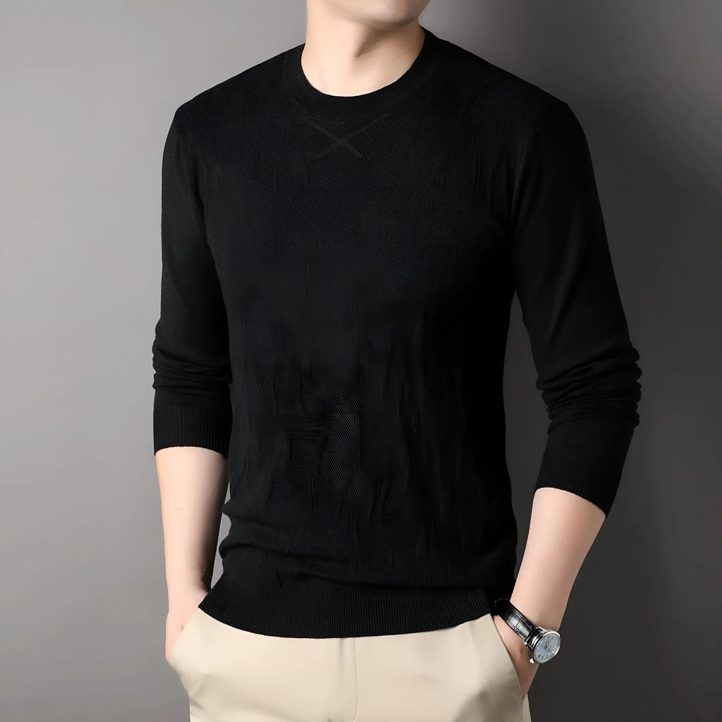 Men's loose fit solid colour long sleeve sweater in khaki, polyester fibre, front view