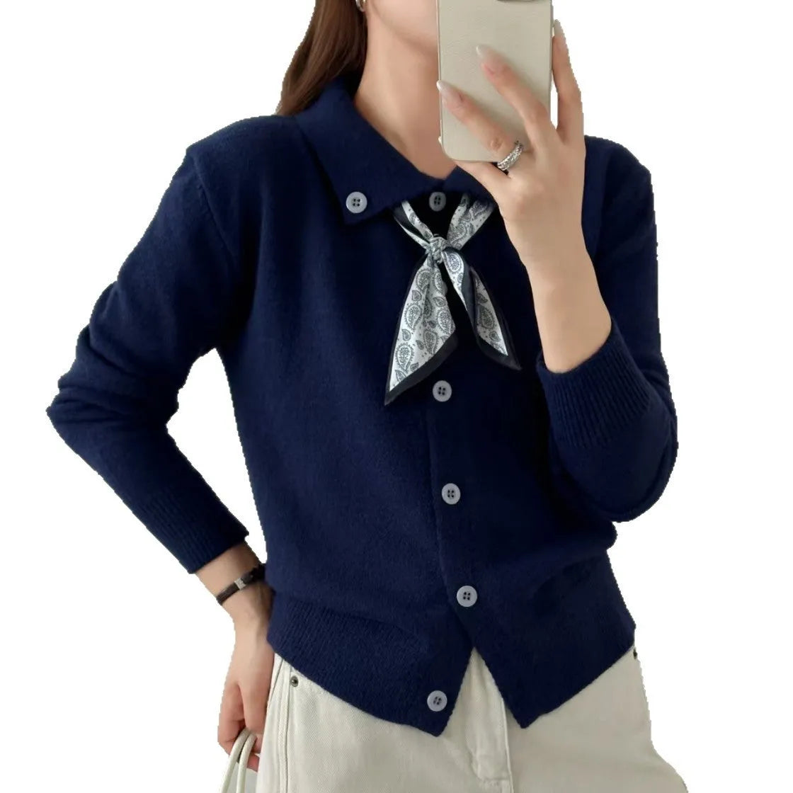 Lapel scarf cardigan sweater in acrylic, shown in milky white, grey, black, and navy blue colour options.