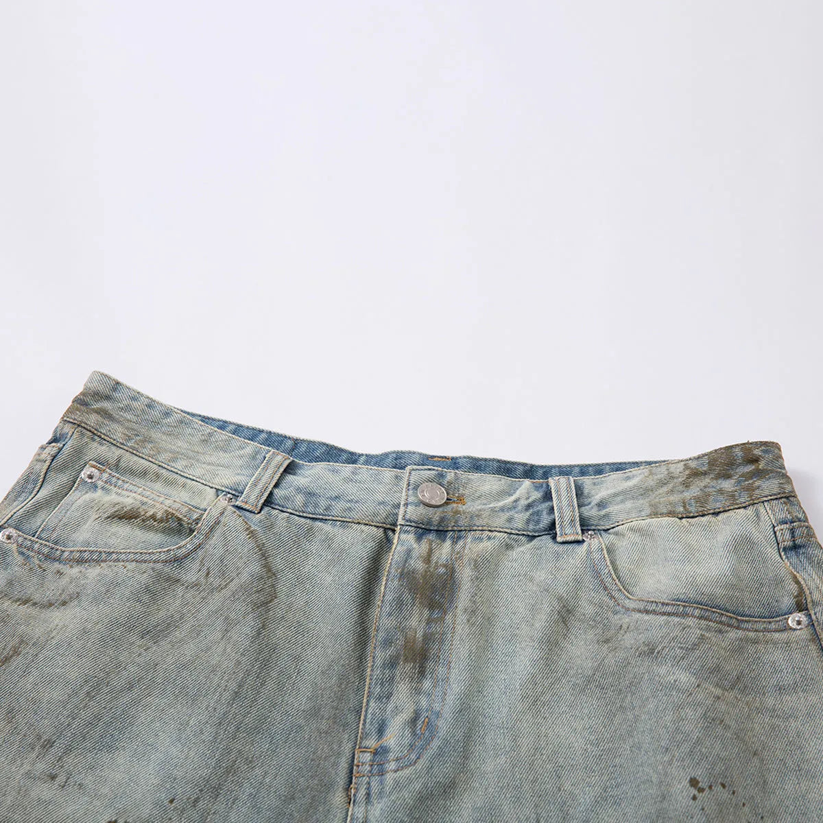 Blue cropped washed denim pants with a straight leg and zip fly, shown laid flat.