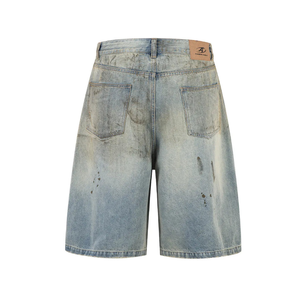 Blue cropped washed denim pants with a straight leg and zip fly, shown laid flat.