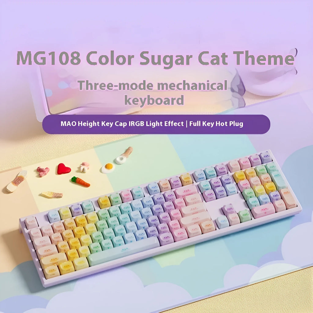 Bluetooth mechanical keyboard with coloured sugar cat themed keycaps in MG108B colour scheme
