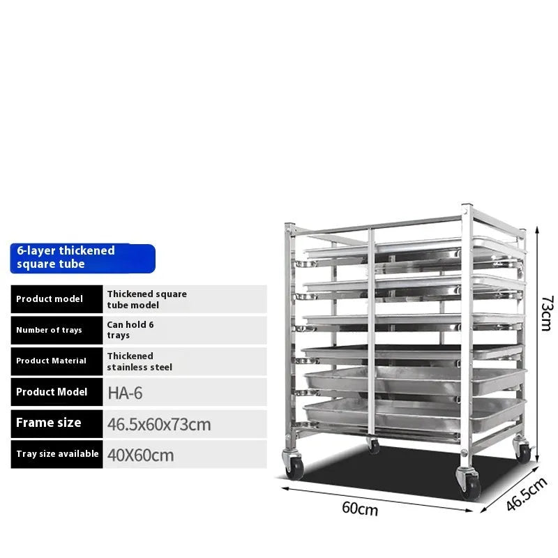 Stainless steel six-layer baking tray rack with locking mechanism for 40cm by 60cm sheets.