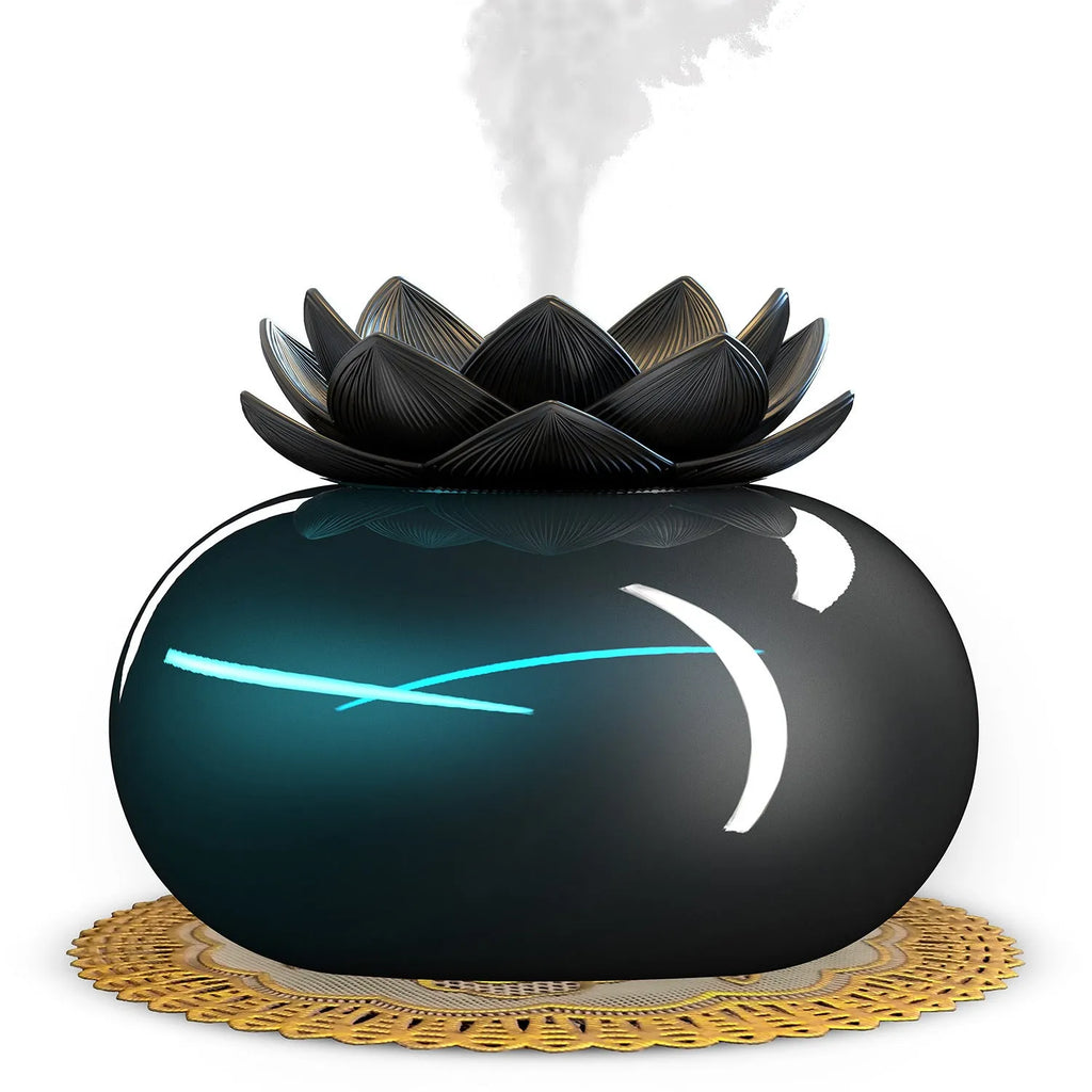 Pure black Lotus ultrasonic aromatherapy humidifier with USB connection and round design
