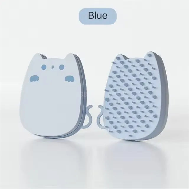Blue silicone pet grooming comb with dual bristle types on a white background, shown next to a tape measure indicating 11.5 cm length.
