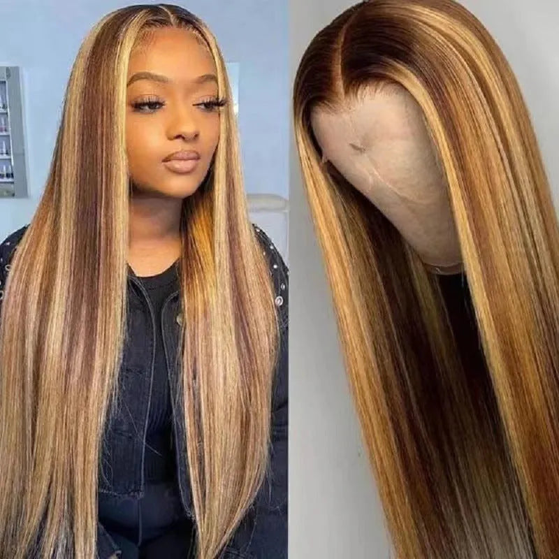 Front lace synthetic wig with long curly hair and side bangs in a piano colour.