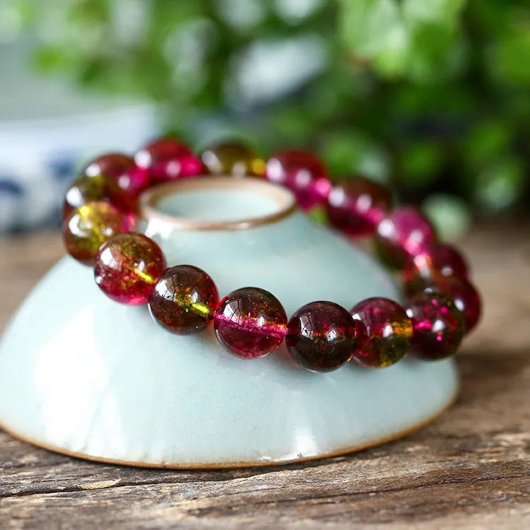 Women's handmade watermelon crystal bracelet in pastoral style showing bead detail