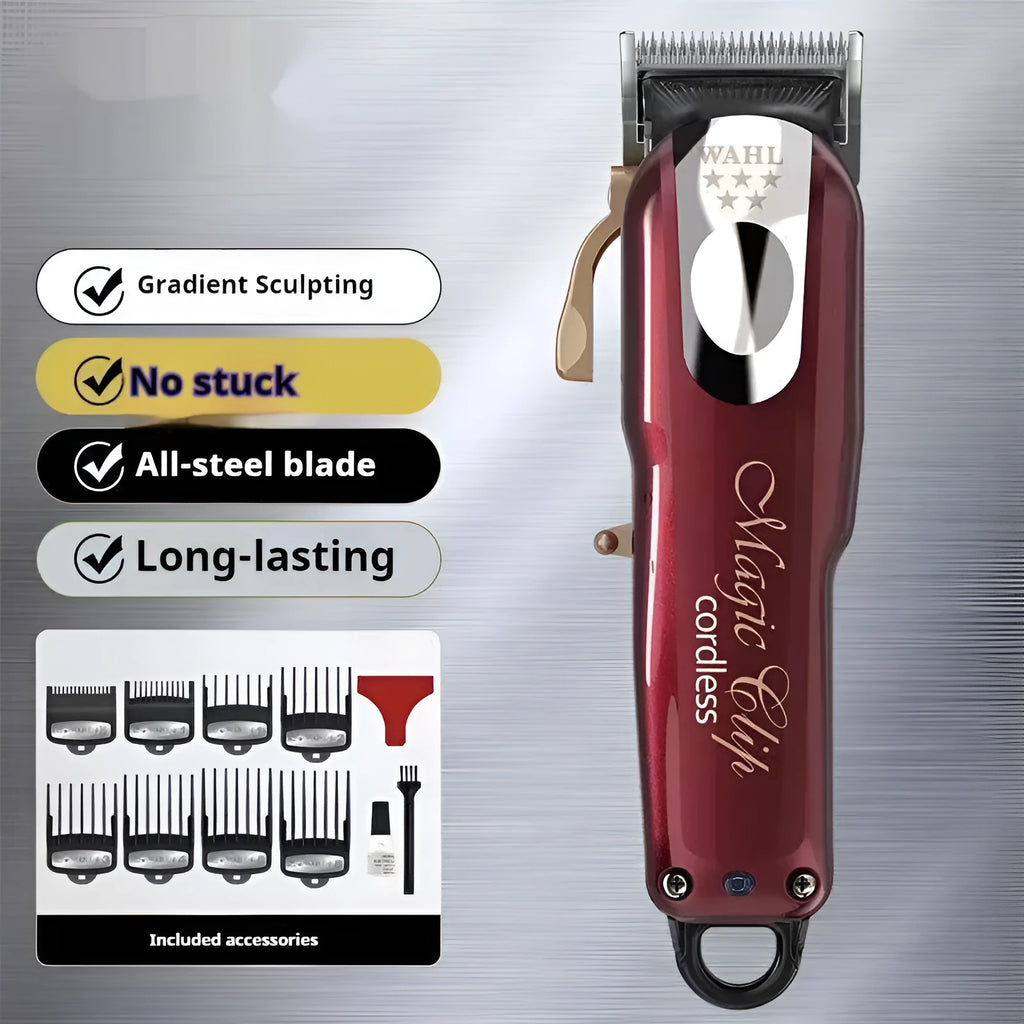 Cordless hair clipper set with stainless steel head and EU, UK, US plug adapters for home haircuts