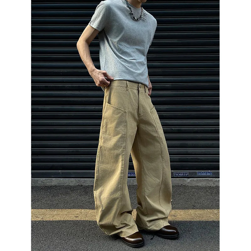 Men's khaki cotton straight-leg casual trousers in American retro style