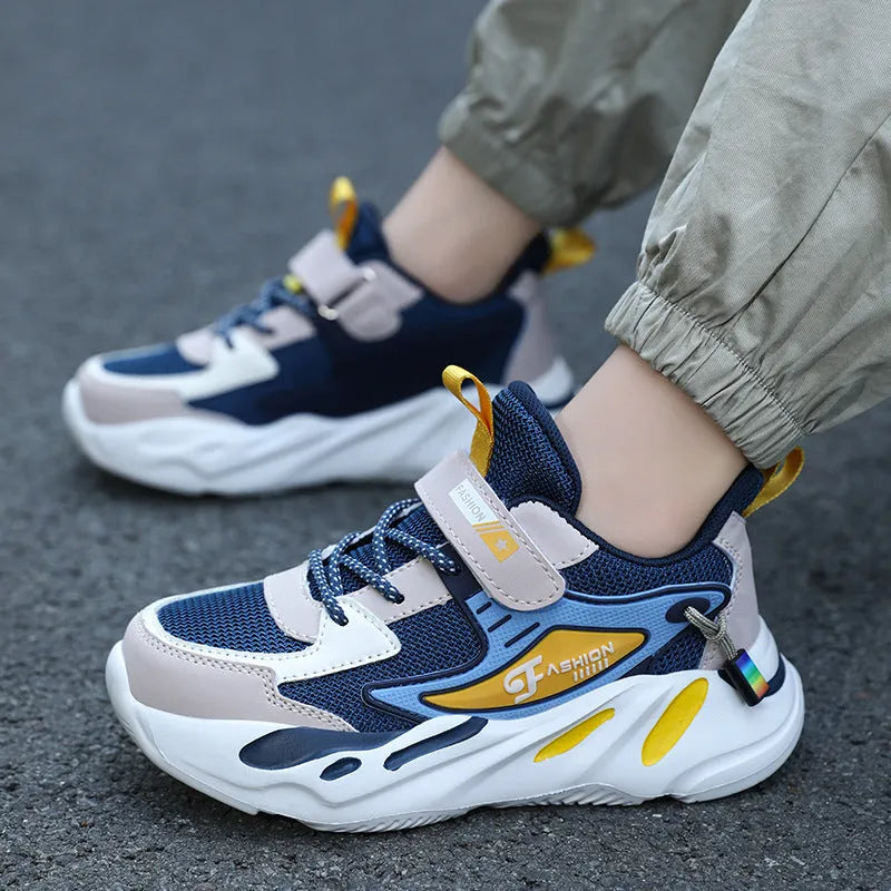 Boys' dark blue and black platform sports shoes with Velcro strap and mesh upper