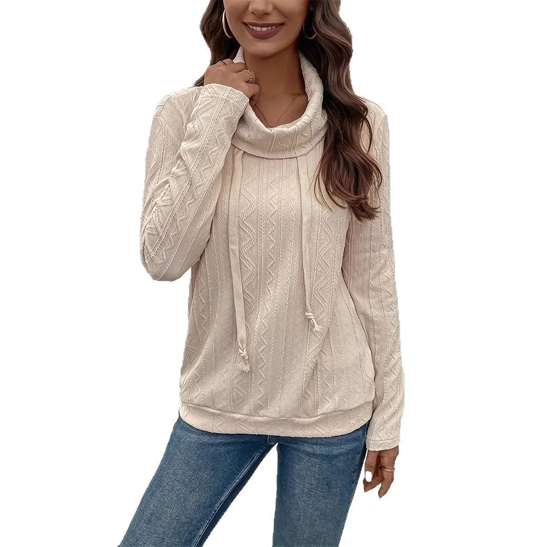 Apricot coloured hooded pullover sweater with long sleeves and drawstring hood