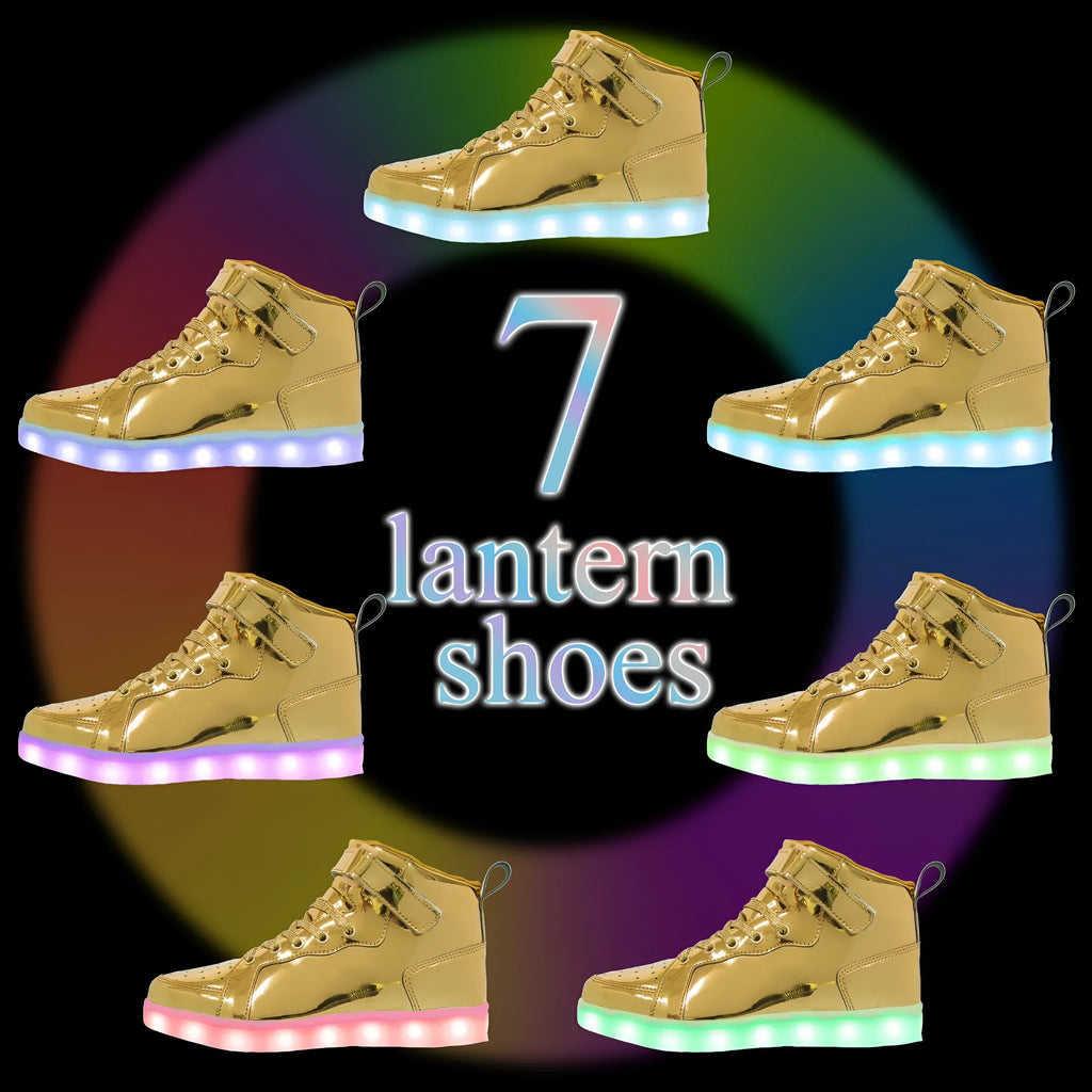 LED light-up high-top board shoes with Velcro strap, shown in multiple colours.