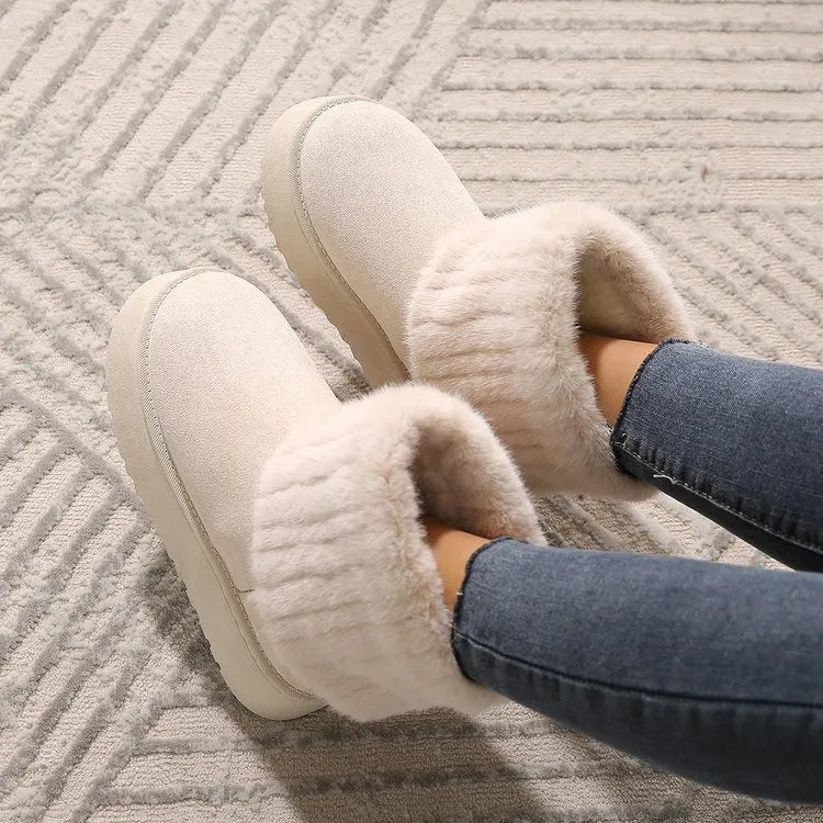 Thick-soled plush snow boots for women warm mid-tube furry cotton shoes available in black beige khaki