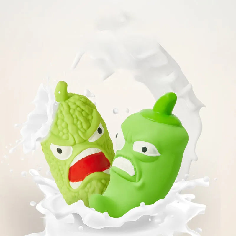 Bitter melon and chili shaped dog toys with textured surfaces for dental cleaning