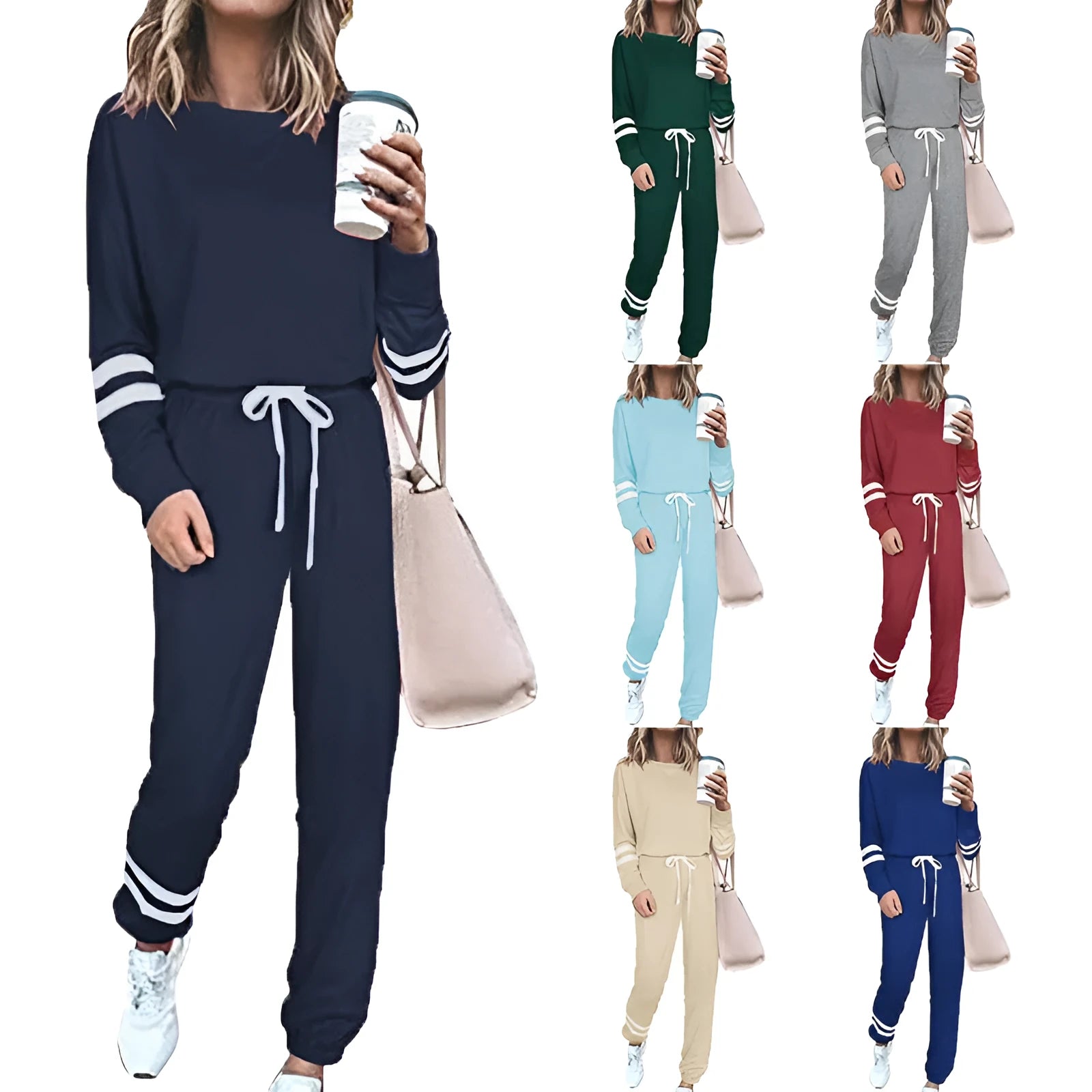 Women's plus size casual suit set with long sleeve top and trousers in cotton blend polyester fabric