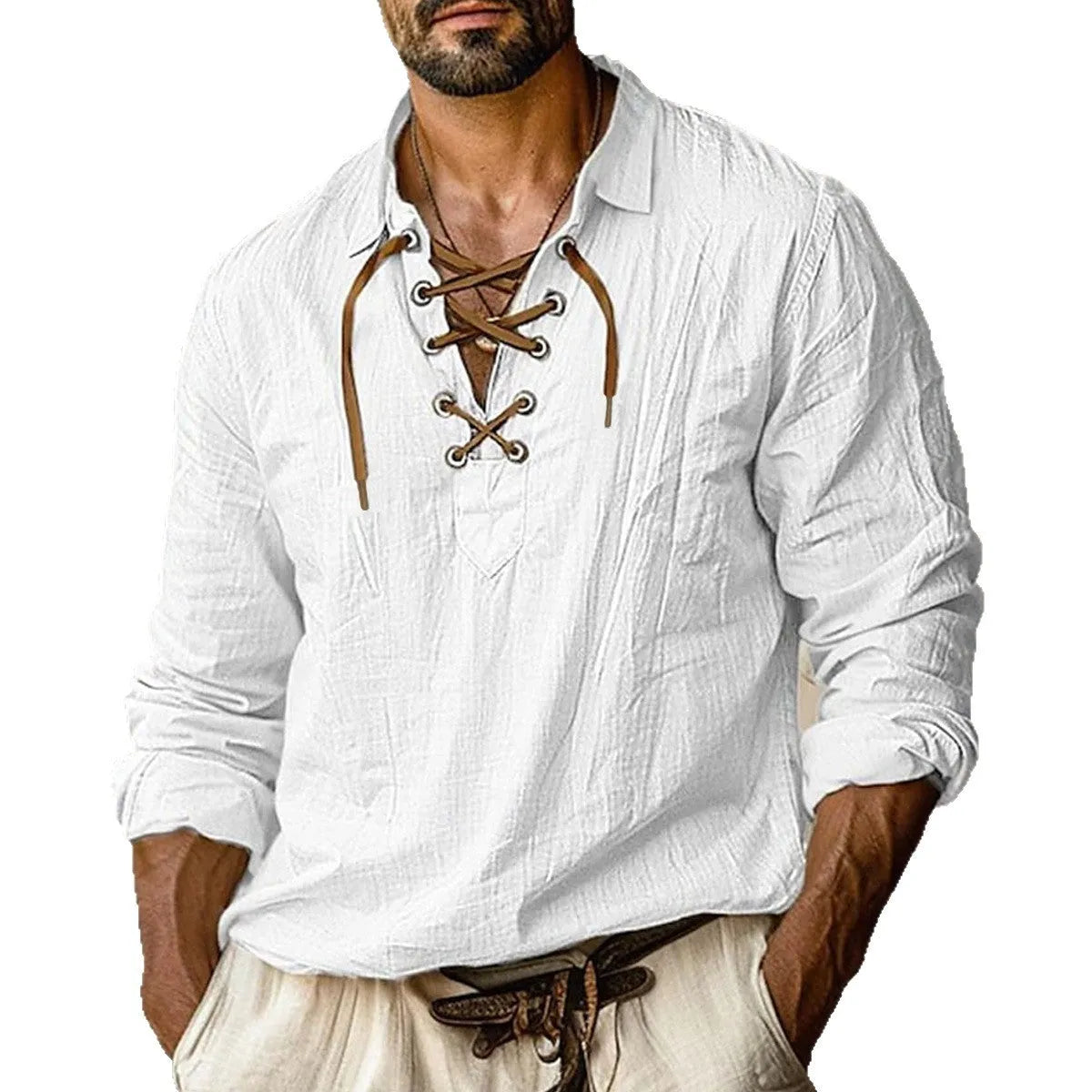 Men's loose fit long sleeve linen shirt with decorative lace detailing on the lapels.
