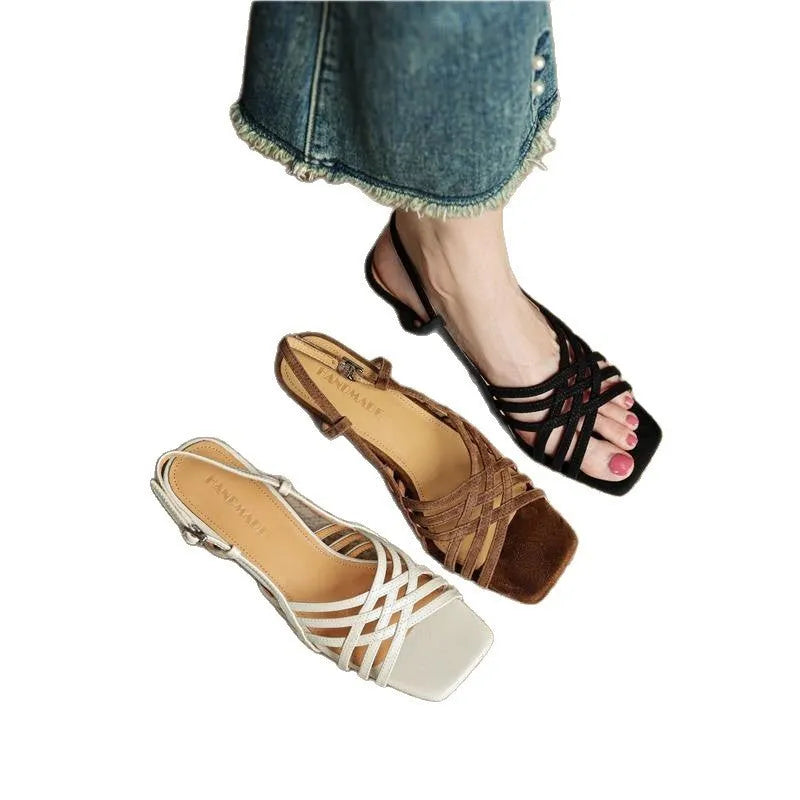 Retro soft leather women's high heel sandals with thin cross straps and an ankle buckle in light brown.