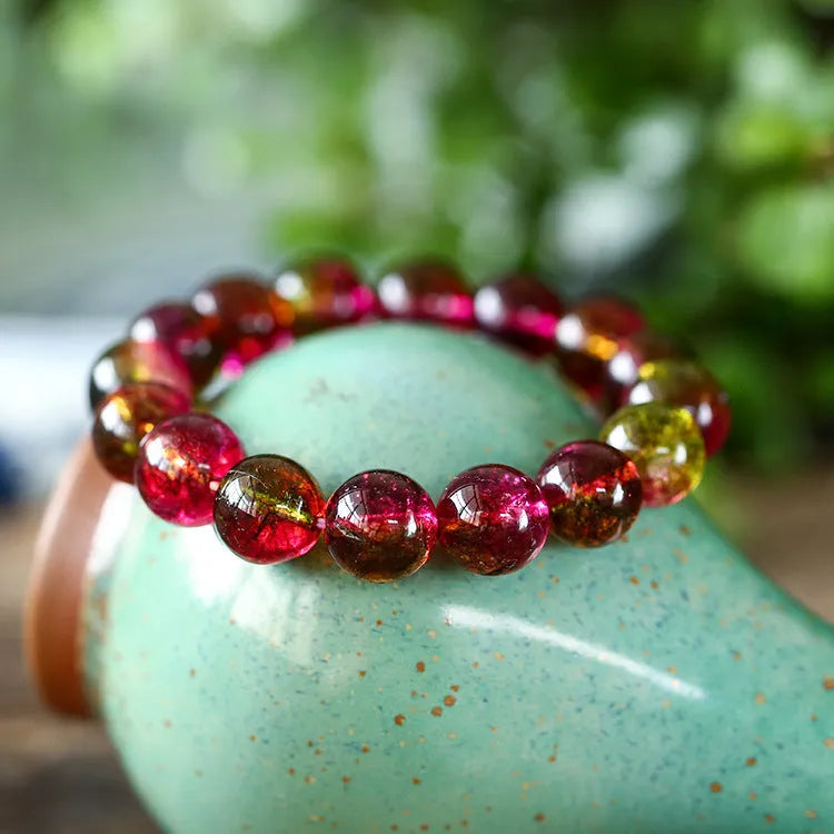 Women's handmade watermelon crystal bracelet in pastoral style showing bead detail