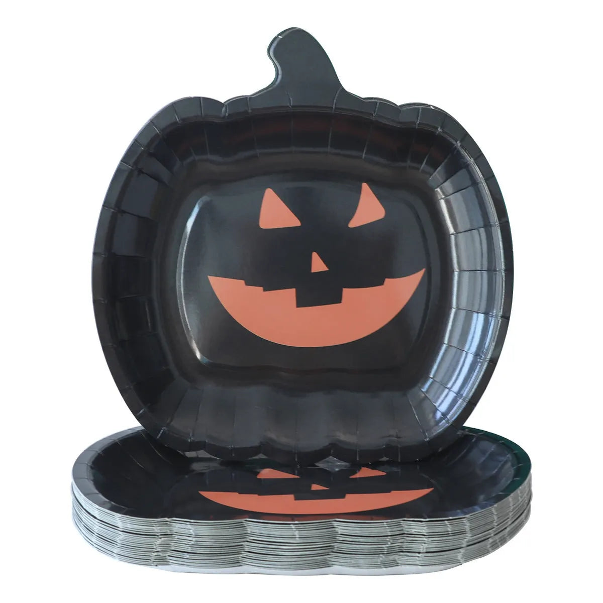 Black pumpkin design disposable paper plates measuring 9 inches in diameter, shown in Halloween party setting.