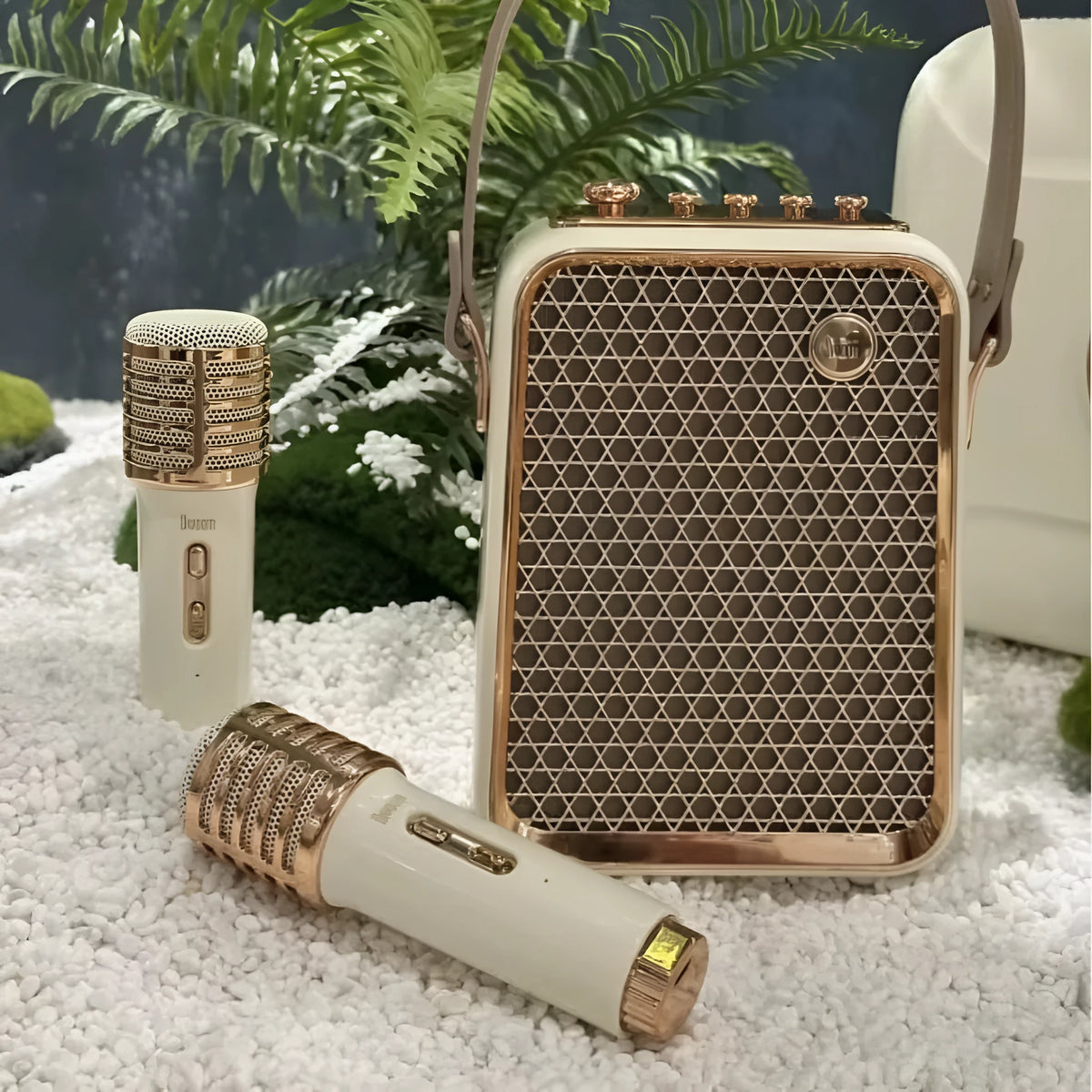Dual microphone Bluetooth speaker suit in green or white with one audio unit and two microphones for karaoke