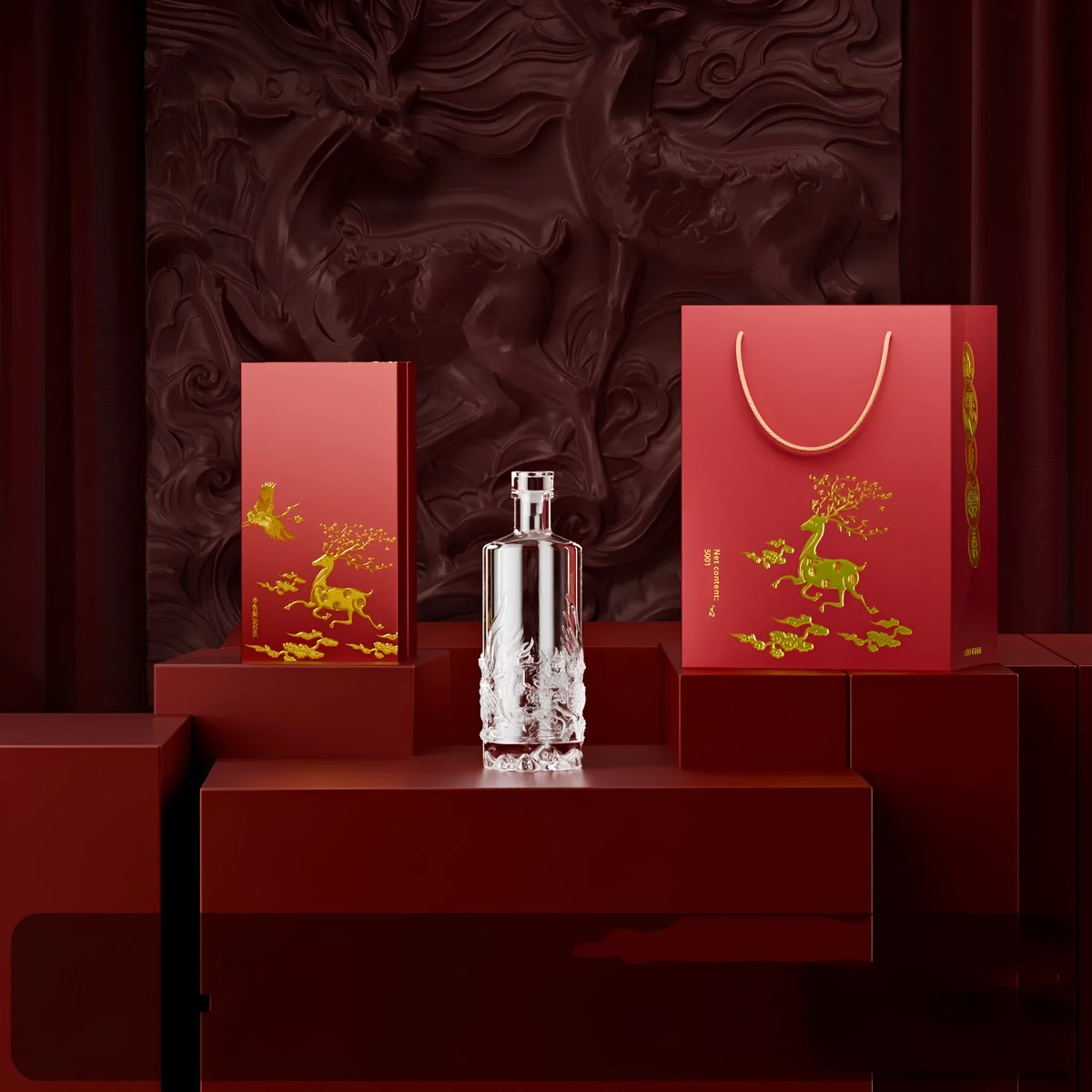 Two empty crystal glass wine bottles, cylindrical shape, with two wine boxes and one handbag, 2bottle set deer