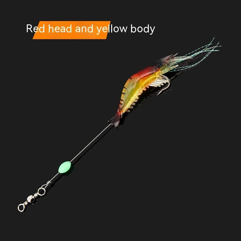 Six soft luer fishing lures with 4cm hooks in assorted colours including luminous pink and black head yellow body