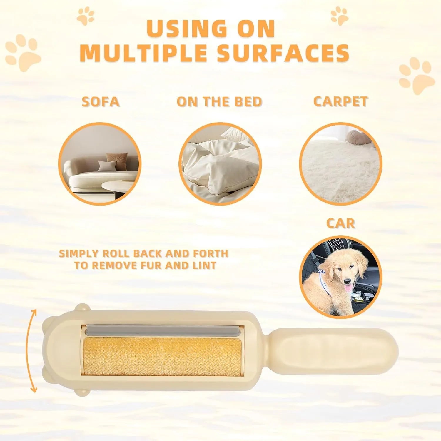 Blue pet hair remover roller with self-cleaning base for furniture and car seats.