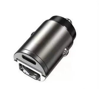 Black mini 30W car cigarette lighter charger body made of zinc alloy measuring 45x20.7mm