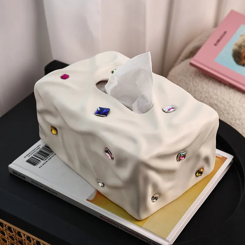 Ceramic tissue box with gem party decoration in matte coconut milk white finish
