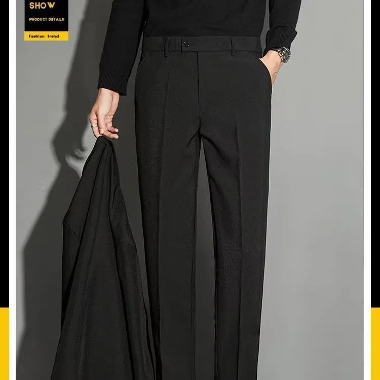 Men's straight leg suit trousers in chemical fibre blend fabric showing spring draping effect