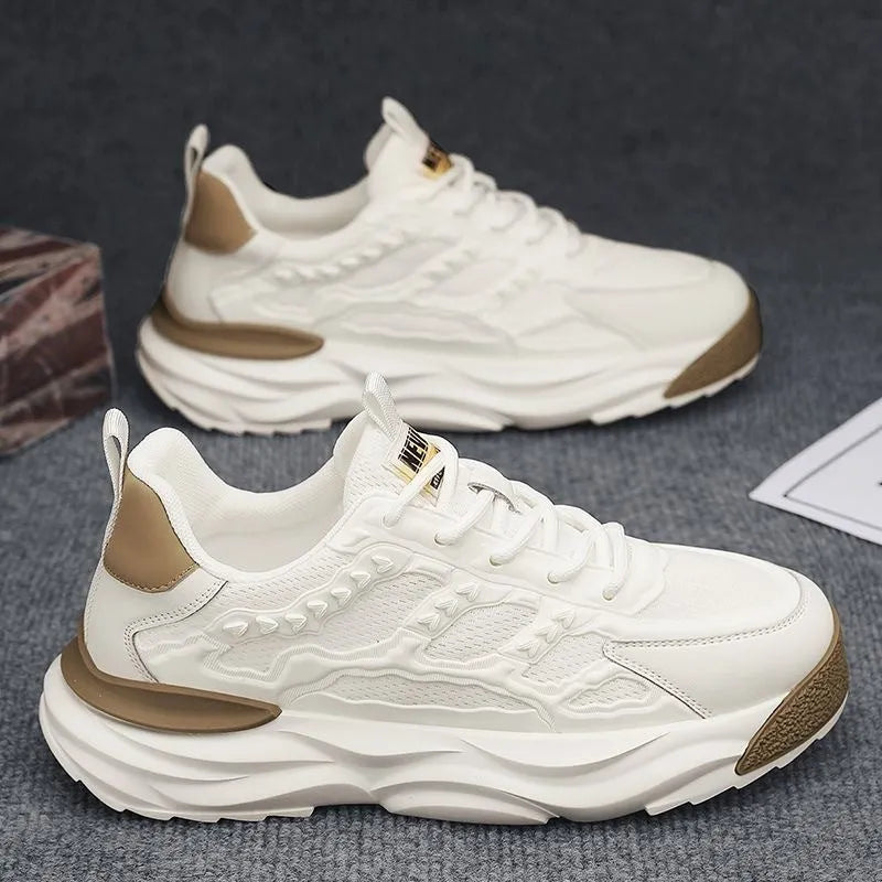Men's solid colour breathable mesh shoes in white, shown from a side angle.