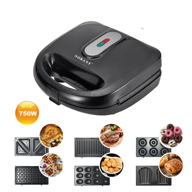 Black double-sided electric sandwich pan with stainless steel lid and six non-stick pans.