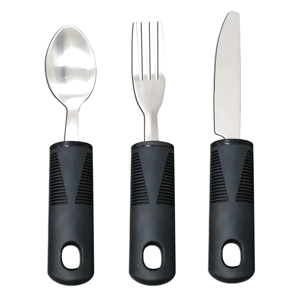 Stainless steel adaptive eating utensils with rubber anti-shock handles for elderly dining assistance