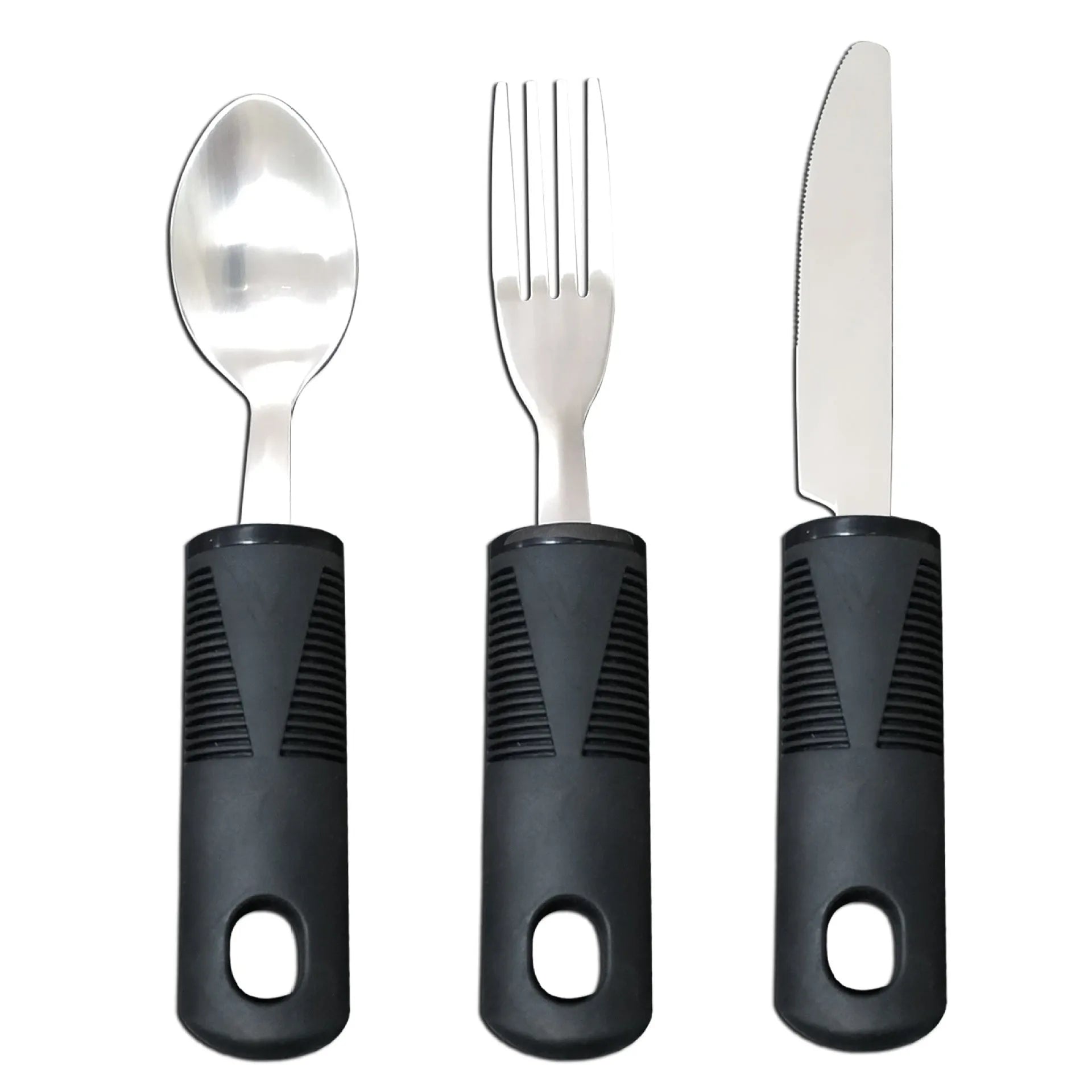 Stainless steel adaptive eating utensils with rubber anti-shock handles for elderly dining assistance
