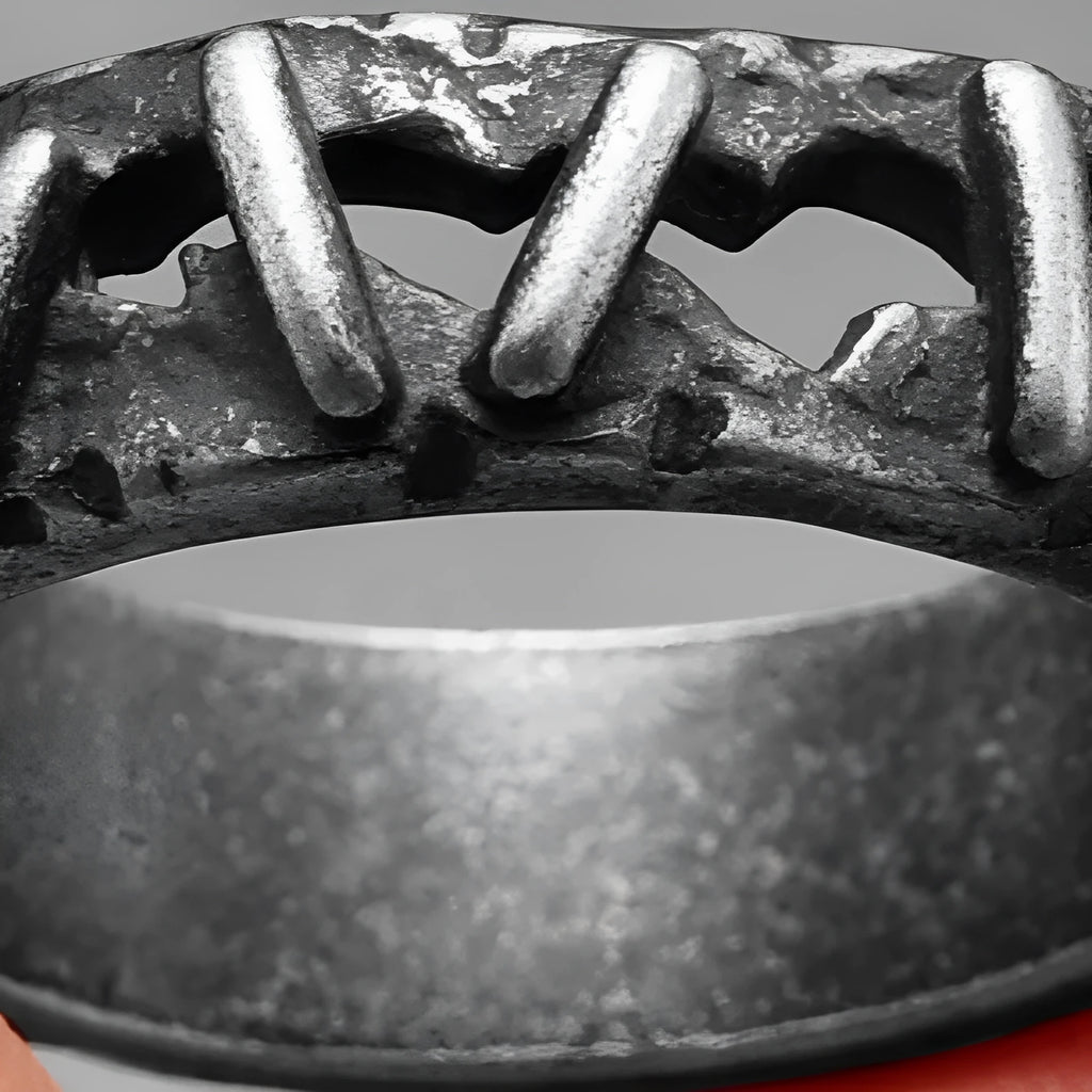 Stainless steel dark punk stitching style double ring on a hand, showing the layered design.