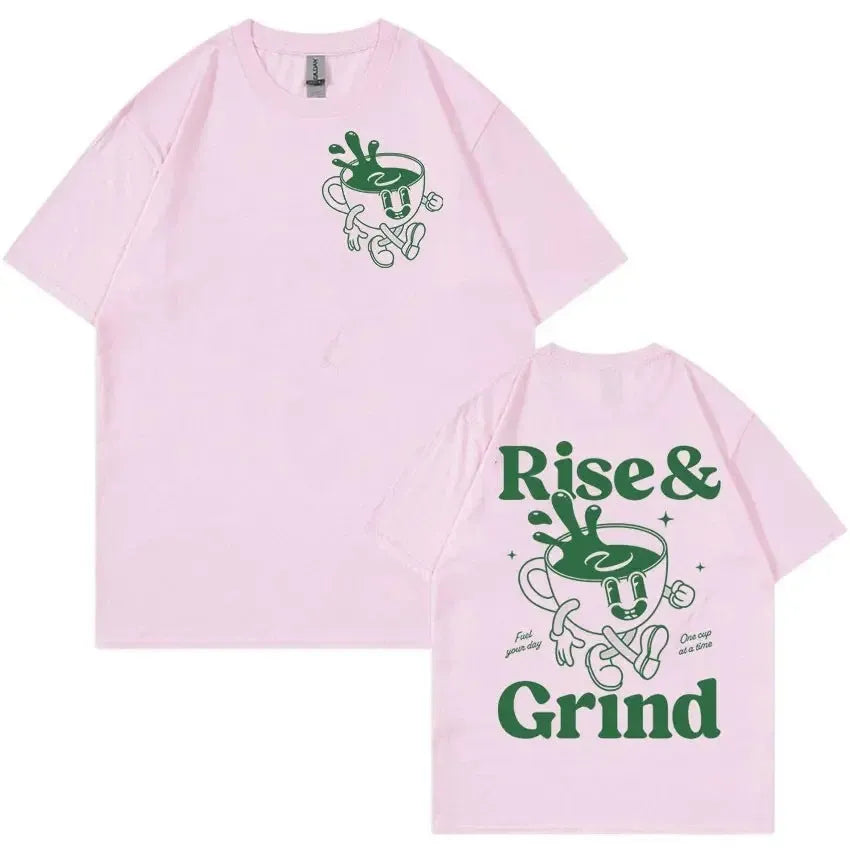 Loose fit linen t-shirt with Rise And Grind Green Coffee cartoon graphic print, shown in multiple colour options.