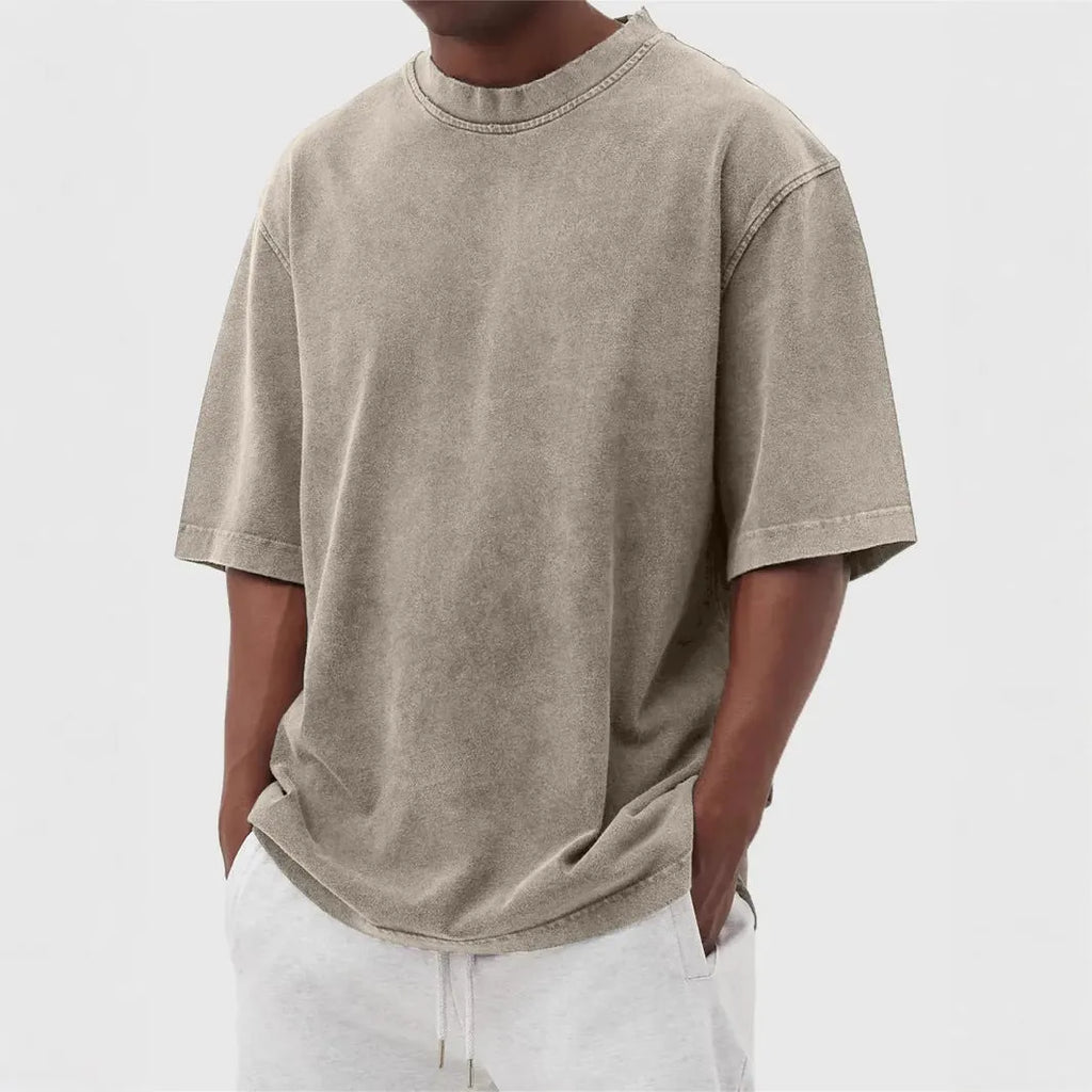 Men's stone-washed polyester pullover t-shirt in army green colour with loose fit design
